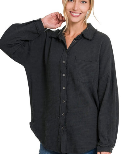 Oversized raw edge button up