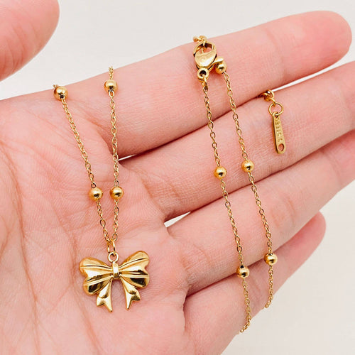 Gold Plated Stainless Steel Bow Pendant Necklace - FGS